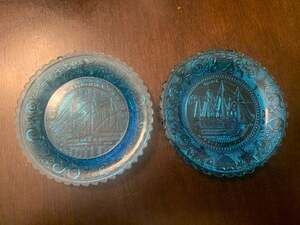 Vintage Pairpoint Glass Nautical Ship Themed Cup Plates, Set of 2